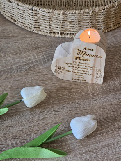 Bougeoir en  bois forme coeur personnalisable gravure laser - maman - mamie - nounou  - Noël - Mariage - Atsem - Maitresse -marraine