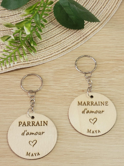 Porte-clés en bois personnalisé parrain mamie maman papa, grands pères, papy, marraine, maitresse