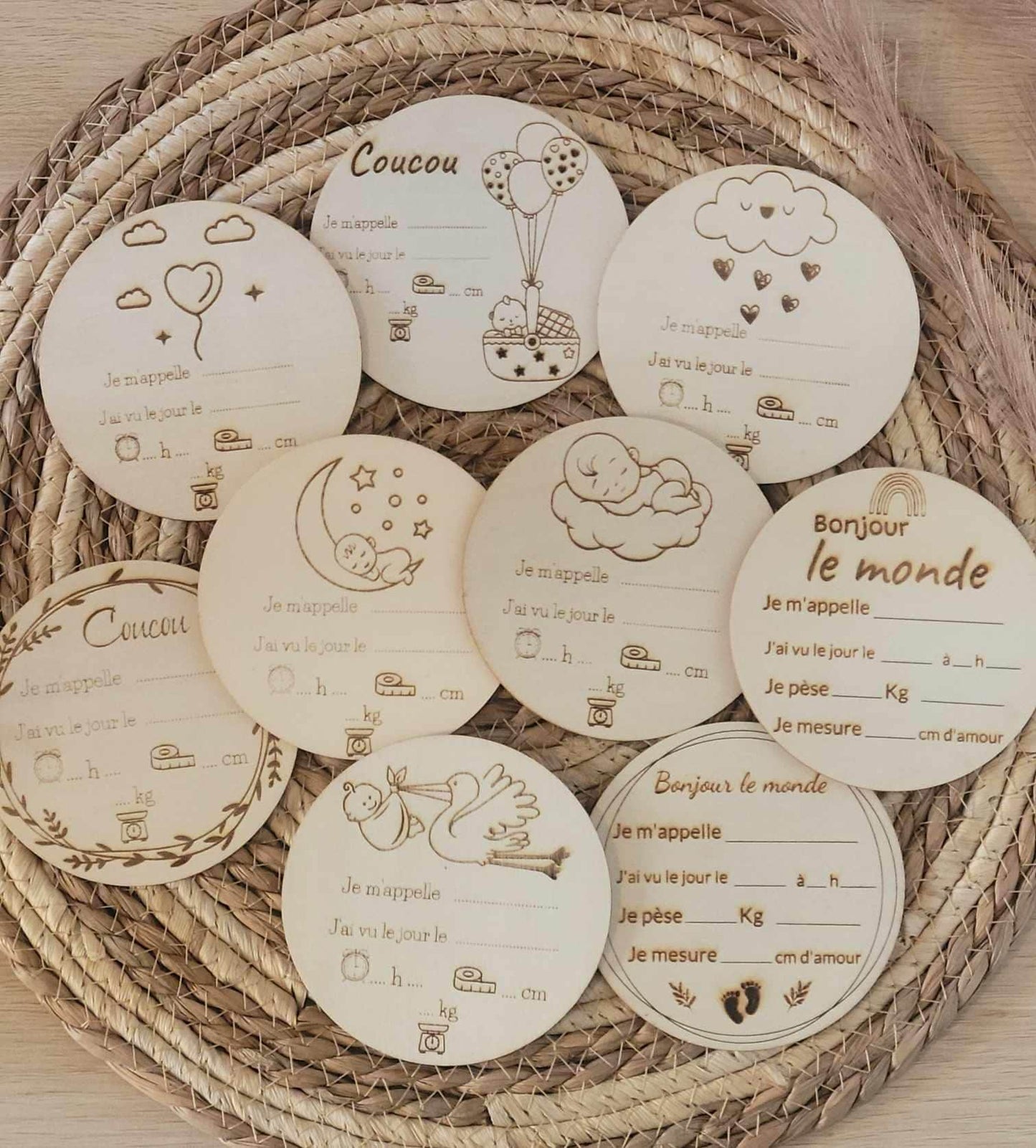 Carte bienvenue bébé naissance en bois