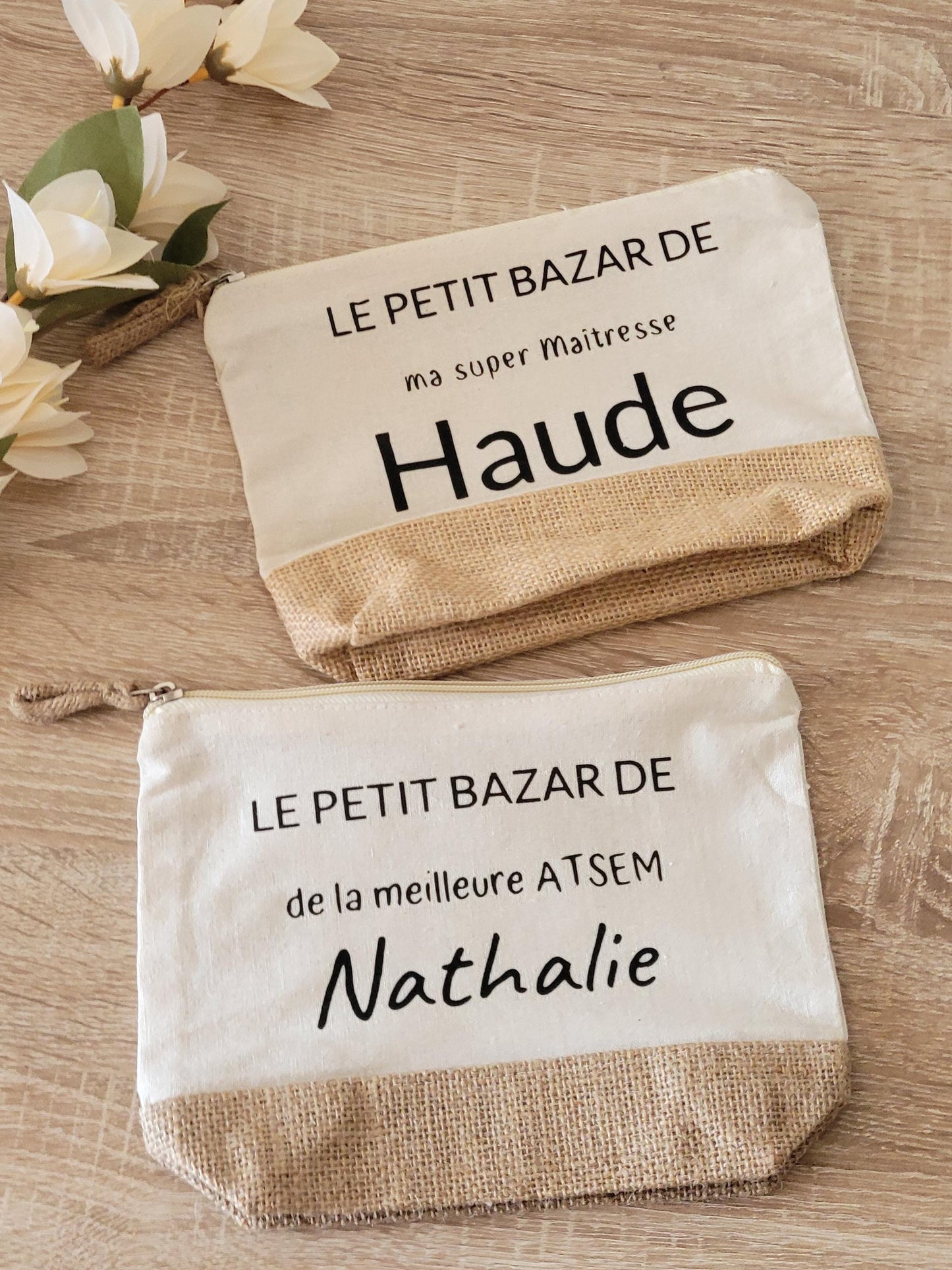 cadeau maîtresse / cadeau Atsem / cadeau fête des mères / cadeau femme sac  jute et coton avec une petite trousse
