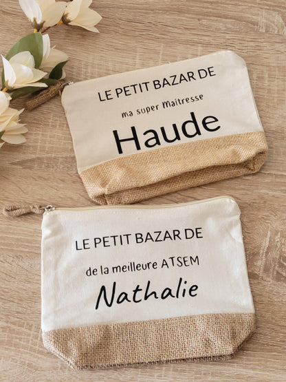cadeau maîtresse / cadeau Atsem / cadeau fête des mères / cadeau femme sac  jute et coton avec une petite trousse