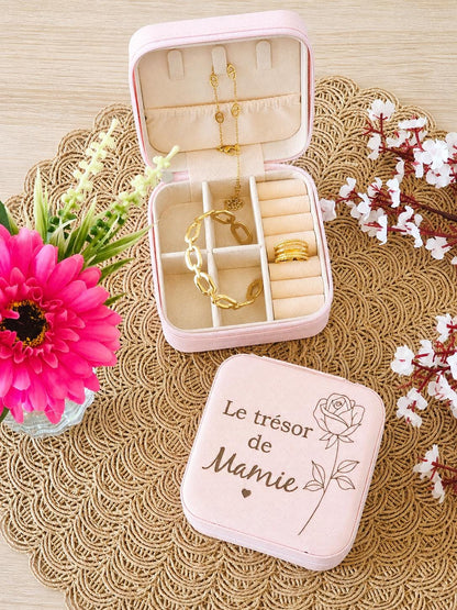 Boîte à bijoux personnalisée  – Texte au choix – Cadeau grand-mère – Coffret bijoux voyage – Idée cadeau personnalisable