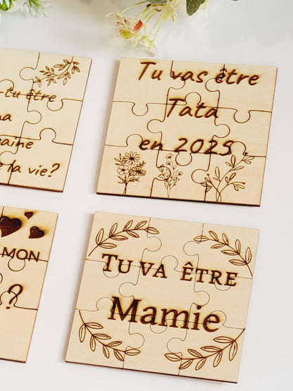 Puzzle annonce événements (pour parrain, marraine, naissance, prénom, voyage, mariage, tonton, tata, papi, mamie, grossesse, papa, parents)