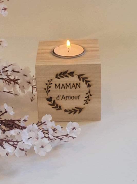 Bougeoir cube bois personnalisable gravure laser - maman - mamie - nounou  - Noël - Mariage - Atsem - Maitresse -marraine
