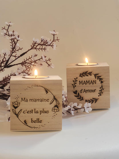 Bougeoir cube bois personnalisable gravure laser - maman - mamie - nounou  - Noël - Mariage - Atsem - Maitresse -marraine