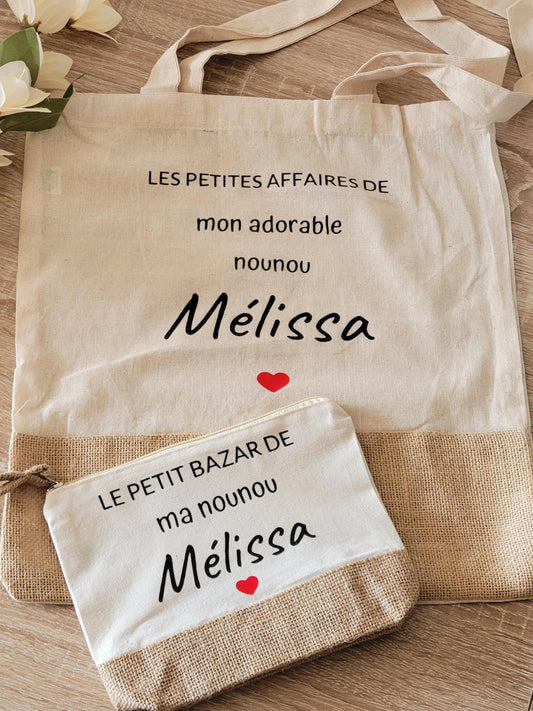 cadeau maîtresse / cadeau Atsem / cadeau fête des mères / cadeau femme sac  jute et coton avec une petite trousse