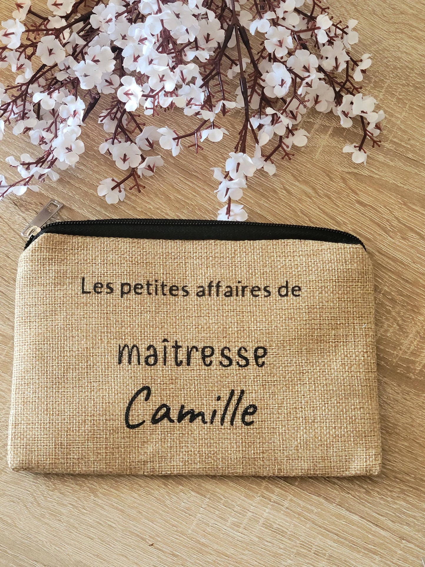 Pochette personnalisée / trousse maquillage personnalisée / pochette personnalisée / pochette en jute pour maîtresse , mamie , marraine