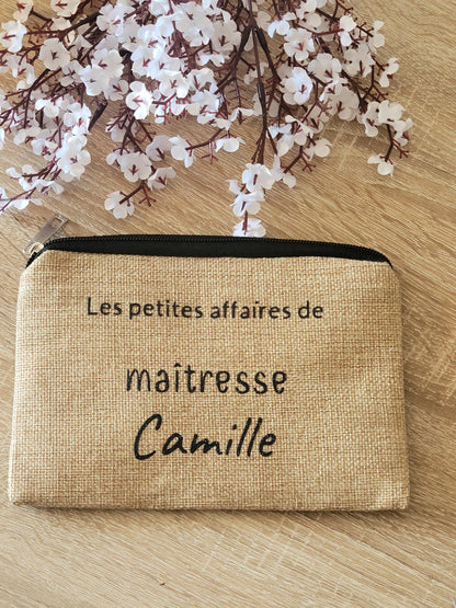 Pochette personnalisée / trousse maquillage personnalisée / pochette personnalisée / pochette en jute pour maîtresse , mamie , marraine