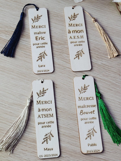 Marque page  en bois cadeau maîtresse  / maître / atsem / cadeau fin d'année scolaire /cadeau ASEH