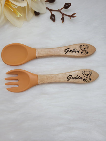 set couvets bébé personnalisées /Fourchette et cuillère en bois / idéal cadeau de naissance