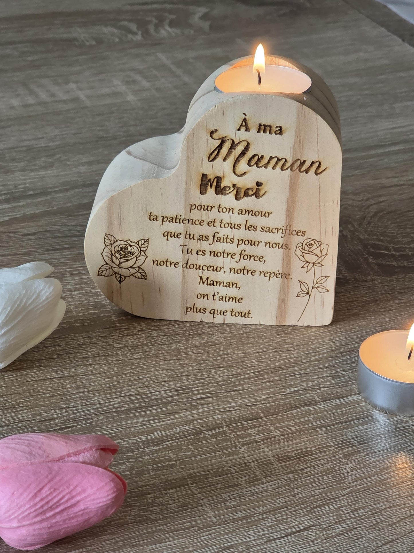 Bougeoir en  bois forme coeur personnalisable gravure laser - maman - mamie - nounou  - Noël - Mariage - Atsem - Maitresse -marraine