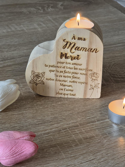Bougeoir en  bois forme coeur personnalisable gravure laser - maman - mamie - nounou  - Noël - Mariage - Atsem - Maitresse -marraine