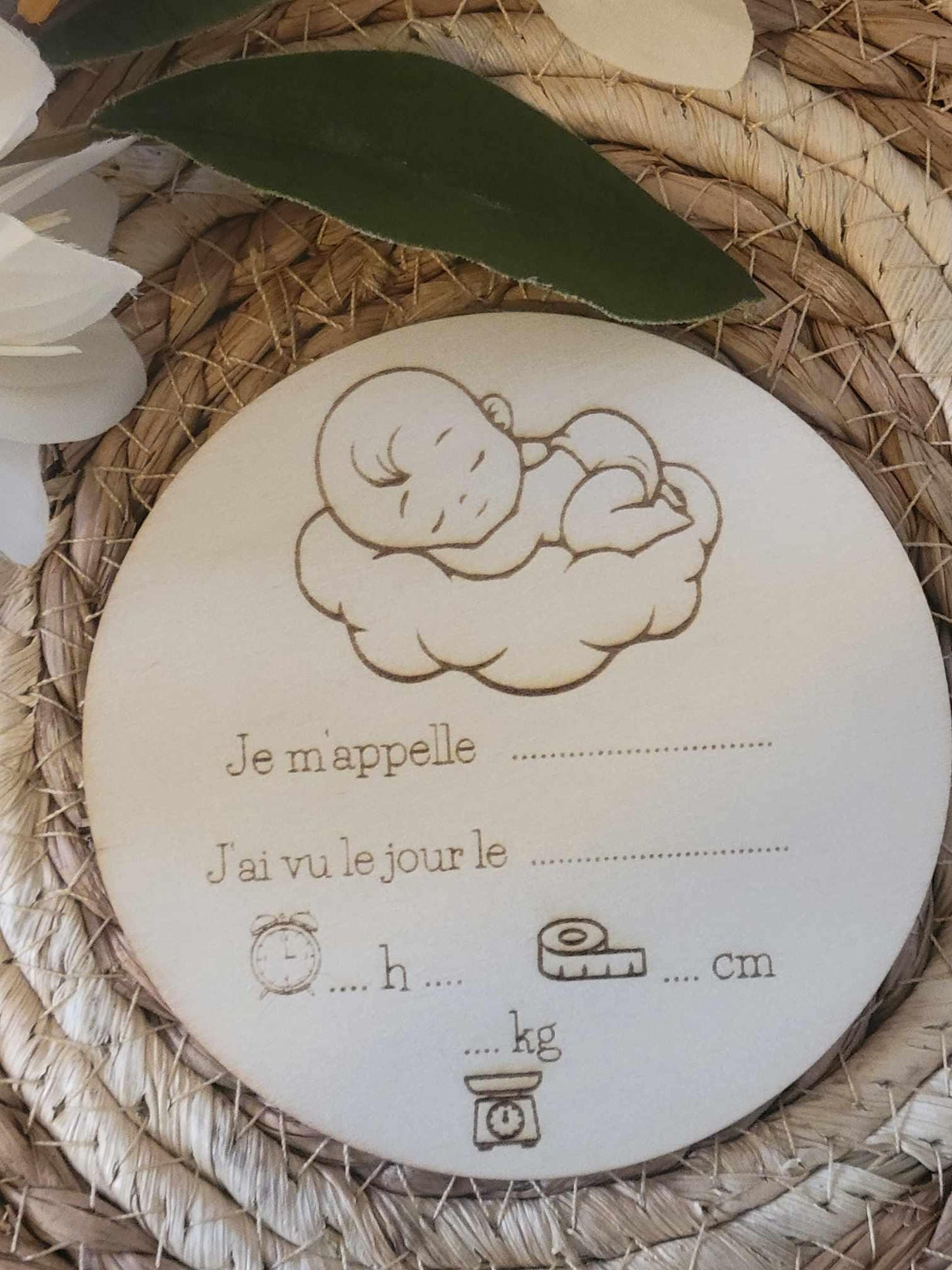 Carte bienvenue bébé naissance en bois