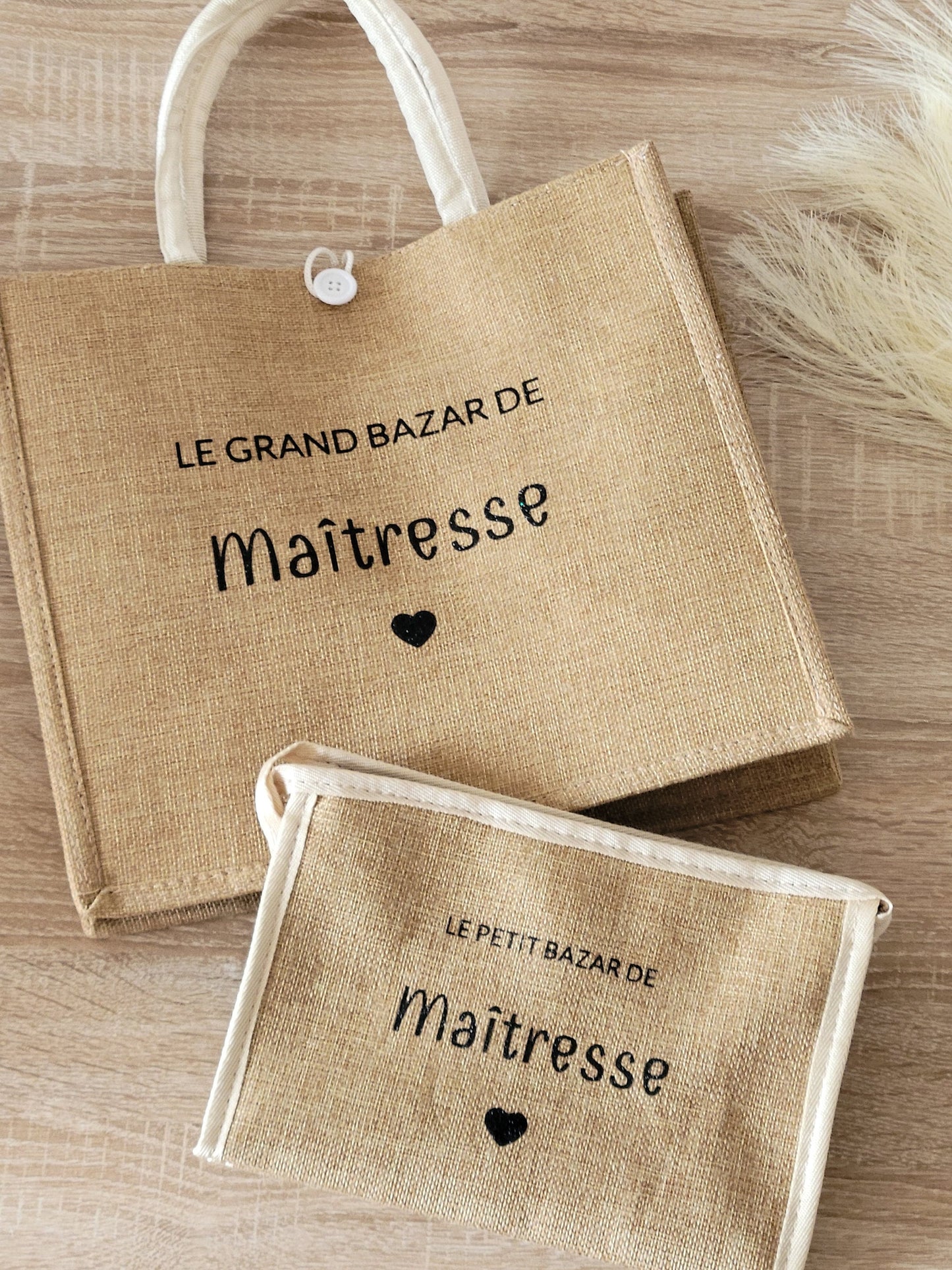 Sac cabas en jute et trousse personnalisées / cadeau maîtresse / cadeau maman / idée cadeau pour elle