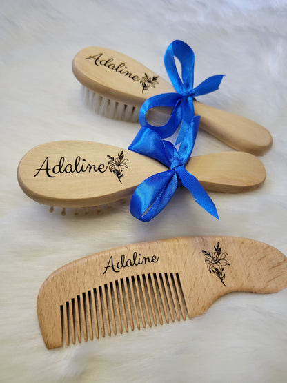 Brosses et peigne personnalisées kit bébé en bois idée cadeau de naissance