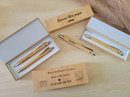 Coffret stylos en bois personnalisés / cadeau maîtresse / atsem / cadeau fête des pères et mères / cadeau mariage/ invités