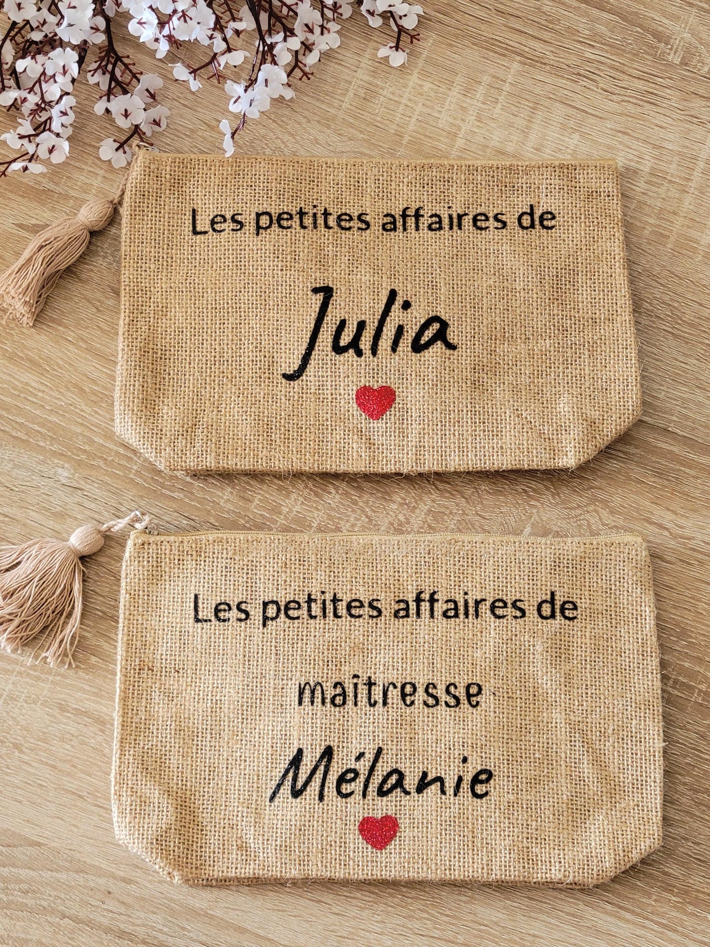 Pochette personnalisée / trousse maquillage personnalisée / pochette personnalisée / pochette en jute pour maîtresse , mamie , marraine