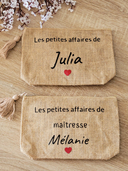 Pochette personnalisée / trousse maquillage personnalisée / pochette personnalisée / pochette en jute pour maîtresse , mamie , marraine