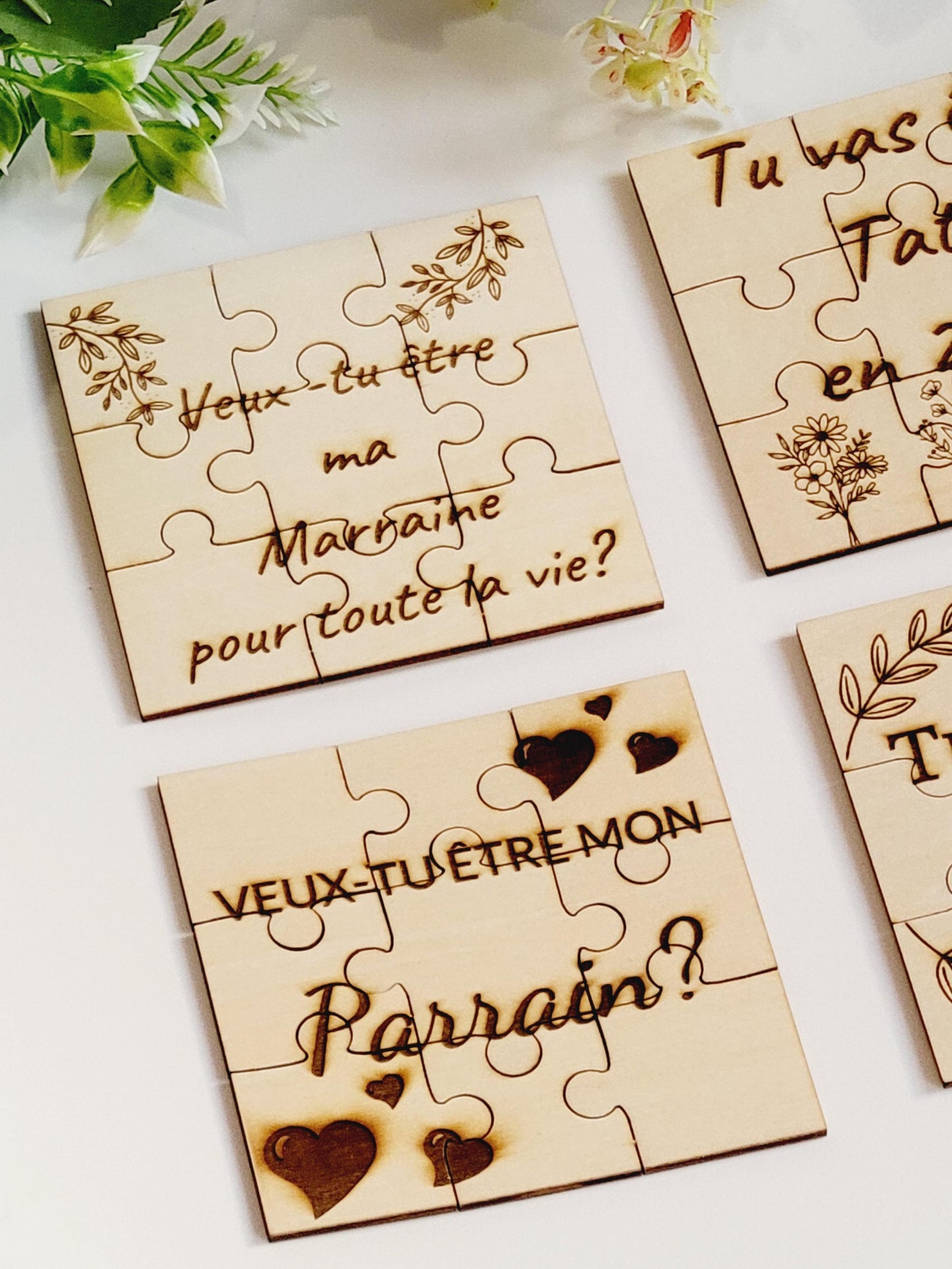 Puzzle annonce événements (pour parrain, marraine, naissance, prénom, voyage, mariage, tonton, tata, papi, mamie, grossesse, papa, parents)