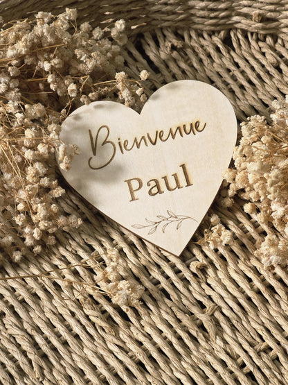 Carte naissance bébé personnalisée en bois forme cœur ,Carte bienvenue bébé, Souvenir de naissance, Cadeau de Naissance, cadeau bébé, prénom