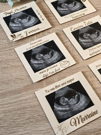 Magnets Cadre Annonce de Grossesse Personnalisés en Bois (Papi, Mamie, Marraine, Tonton)