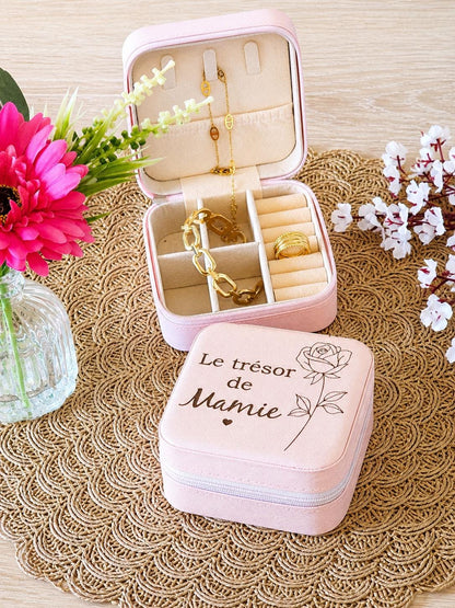 Boîte à bijoux personnalisée  – Texte au choix – Cadeau grand-mère – Coffret bijoux voyage – Idée cadeau personnalisable