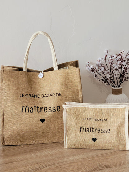 Sac cabas en jute et trousse personnalisées / cadeau maîtresse / cadeau maman / idée cadeau pour elle
