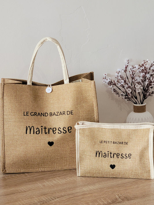Sac cabas en jute et trousse personnalisées / cadeau maîtresse / cadeau maman / idée cadeau pour elle