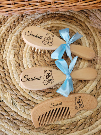Brosses et peigne personnalisées kit bébé en bois idée cadeau de naissance