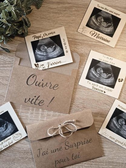 Magnets Cadre Annonce de Grossesse Personnalisés en Bois (Papi, Mamie, Marraine, Tonton)