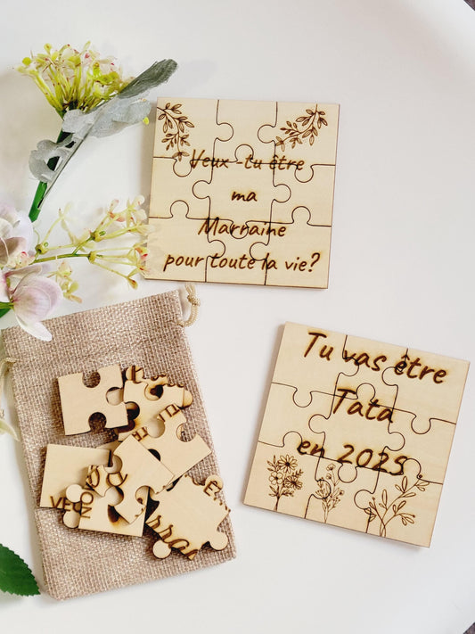 Puzzle annonce événements (pour parrain, marraine, naissance, prénom, voyage, mariage, tonton, tata, papi, mamie, grossesse, papa, parents)