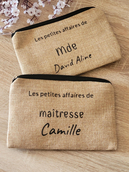 Pochette personnalisée / trousse maquillage personnalisée / pochette personnalisée / pochette en jute pour maîtresse , mamie , marraine