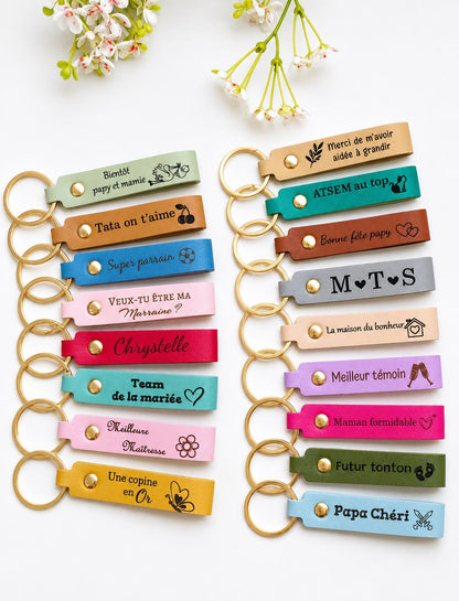 Porte clés en cuir personnalisé - Cadeau anniversaire,parrain, fête des mères, grands-mères, pères, grands-pères, maitresse, atsem, nounou,