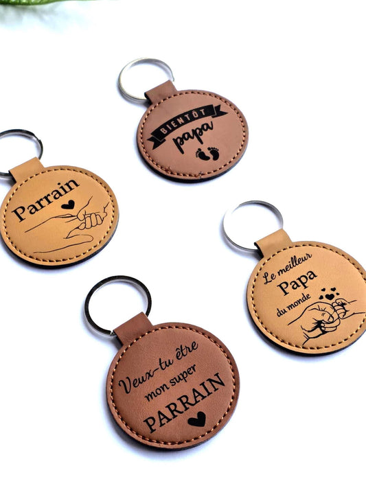 Porte clés  rond en cuir personnalisé - Cadeau anniversaire, parrain, fête des mères, papy, pères, grands-pères, grossesse , demande parrain
