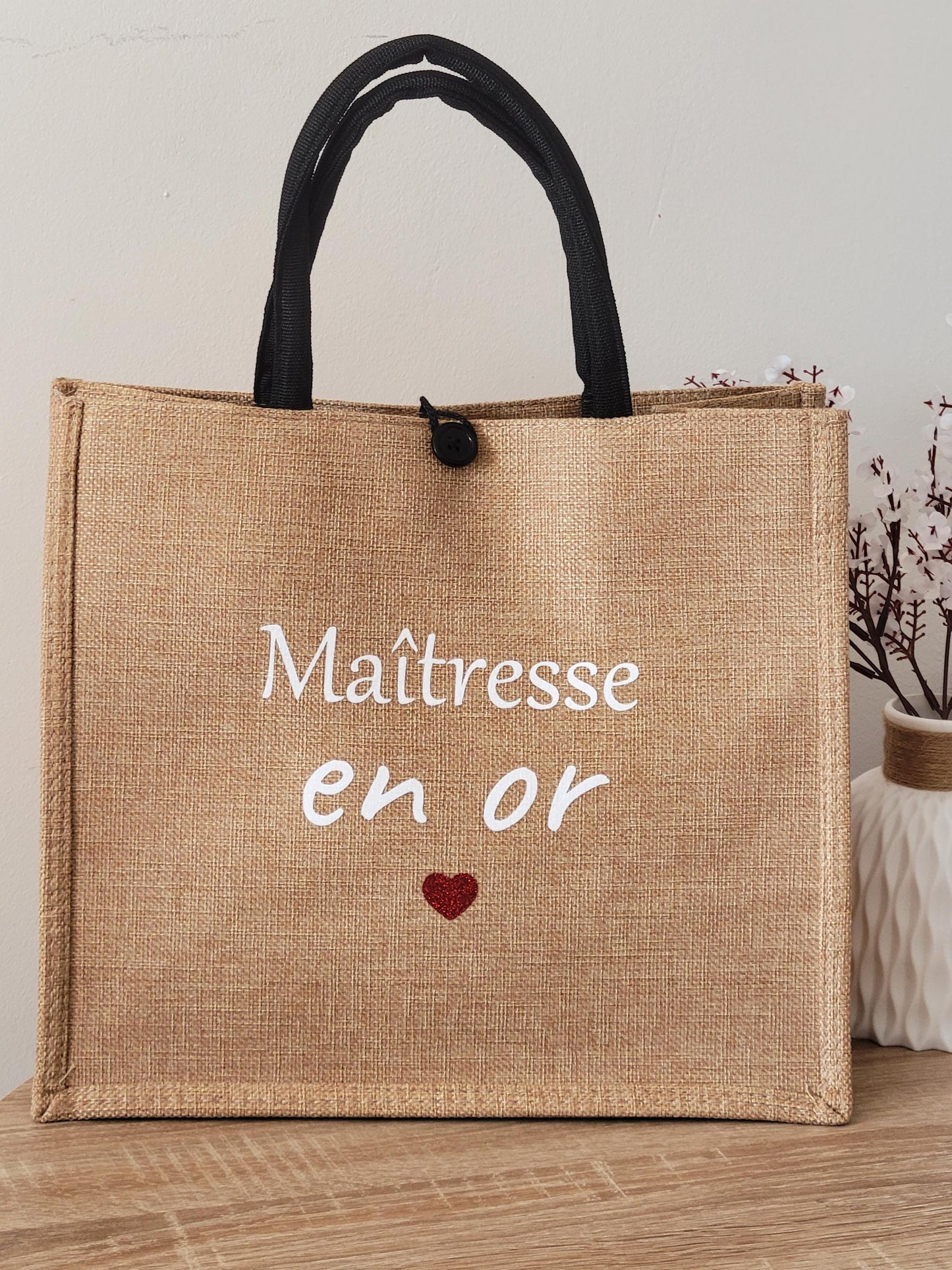 Sac cabas en jute et trousse personnalisées / cadeau maîtresse / cadeau maman / idée cadeau pour elle