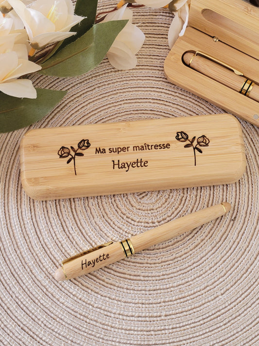 Stylo en bois gravé personnalisé avec une boîte, cadeau maîtresse / départ d'un collègue ou de remerciement,  anniversaire/ mariage