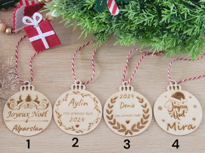 Boule de Noël en bois gravé Joyeux Noël