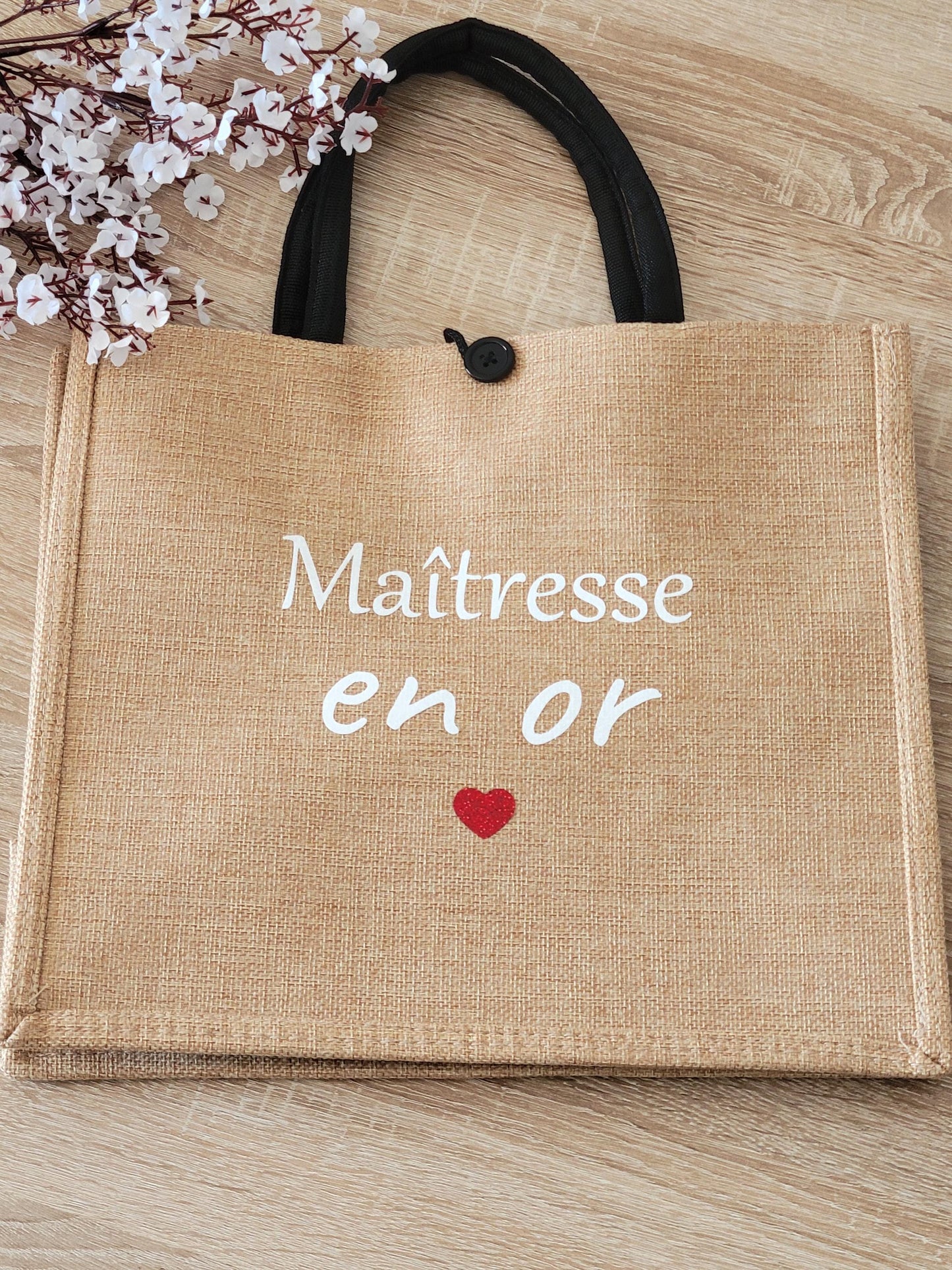 Sac cabas en jute et trousse personnalisées / cadeau maîtresse / cadeau maman / idée cadeau pour elle