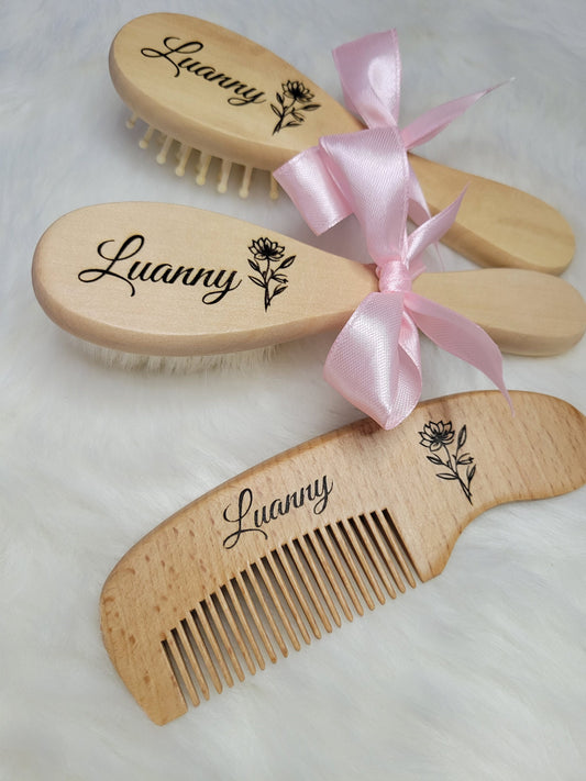Brosses et peigne personnalisées kit bébé en bois idée cadeau de naissance