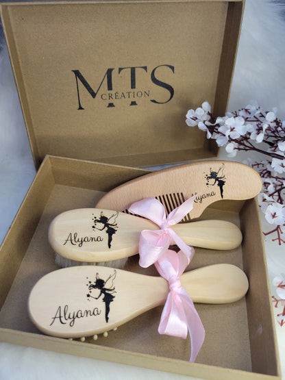 Brosses et peigne personnalisées kit bébé en bois idée cadeau de naissance