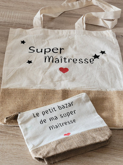 cadeau maîtresse / cadeau Atsem / cadeau fête des mères / cadeau femme sac  jute et coton avec une petite trousse