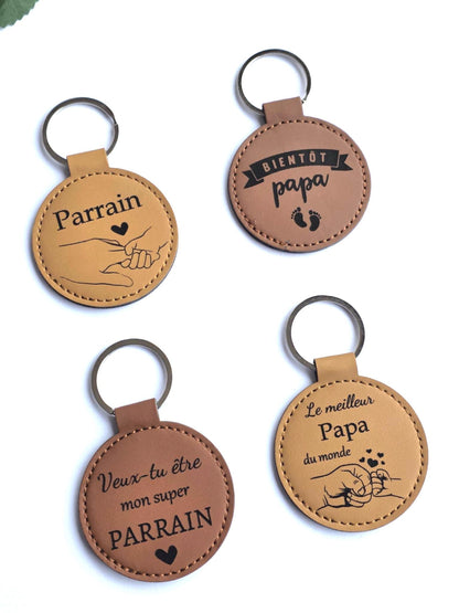 Porte clés  rond en cuir personnalisé - Cadeau anniversaire, parrain, fête des mères, papy, pères, grands-pères, grossesse , demande parrain