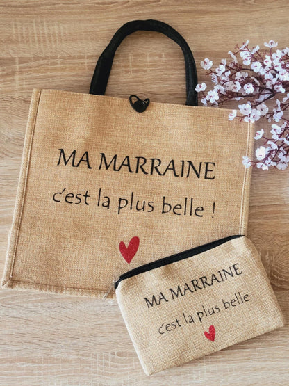 Sac cabas en jute et pochette  personnalisées / cadeau marraine / cadeau maman / idée cadeau pour elle
