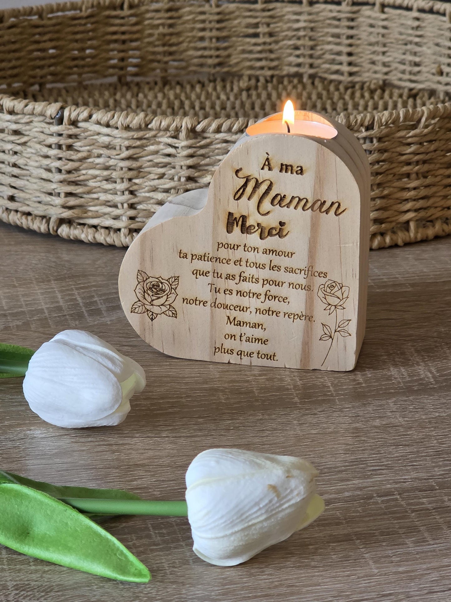 Bougeoir en  bois forme coeur personnalisable gravure laser - maman - mamie - nounou  - Noël - Mariage - Atsem - Maitresse -marraine