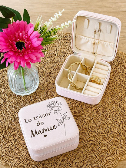 Boîte à bijoux personnalisée  – Texte au choix – Cadeau grand-mère – Coffret bijoux voyage – Idée cadeau personnalisable