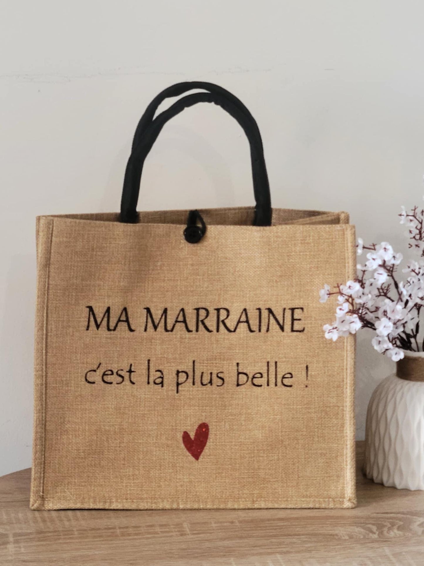Sac cabas en jute et pochette  personnalisées / cadeau marraine / cadeau maman / idée cadeau pour elle
