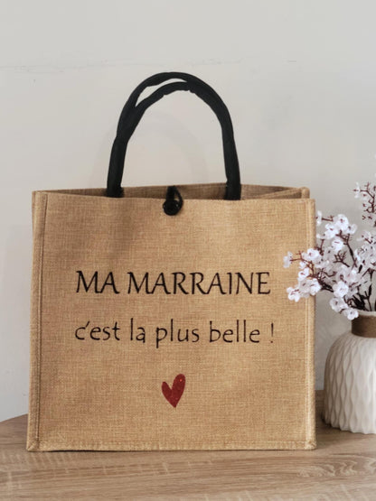 Sac cabas en jute et pochette  personnalisées / cadeau marraine / cadeau maman / idée cadeau pour elle