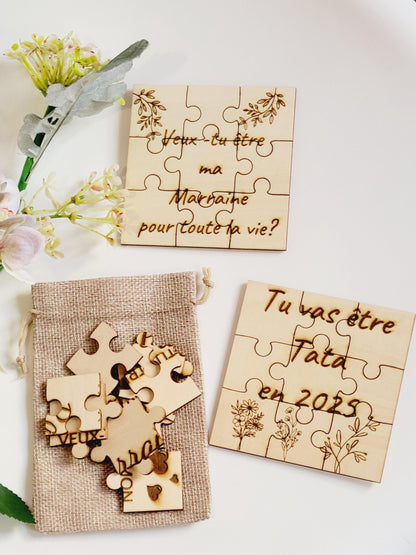 Puzzle annonce événements (pour parrain, marraine, naissance, prénom, voyage, mariage, tonton, tata, papi, mamie, grossesse, papa, parents)