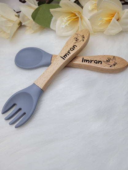 set couvets bébé personnalisées /Fourchette et cuillère en bois / idéal cadeau de naissance