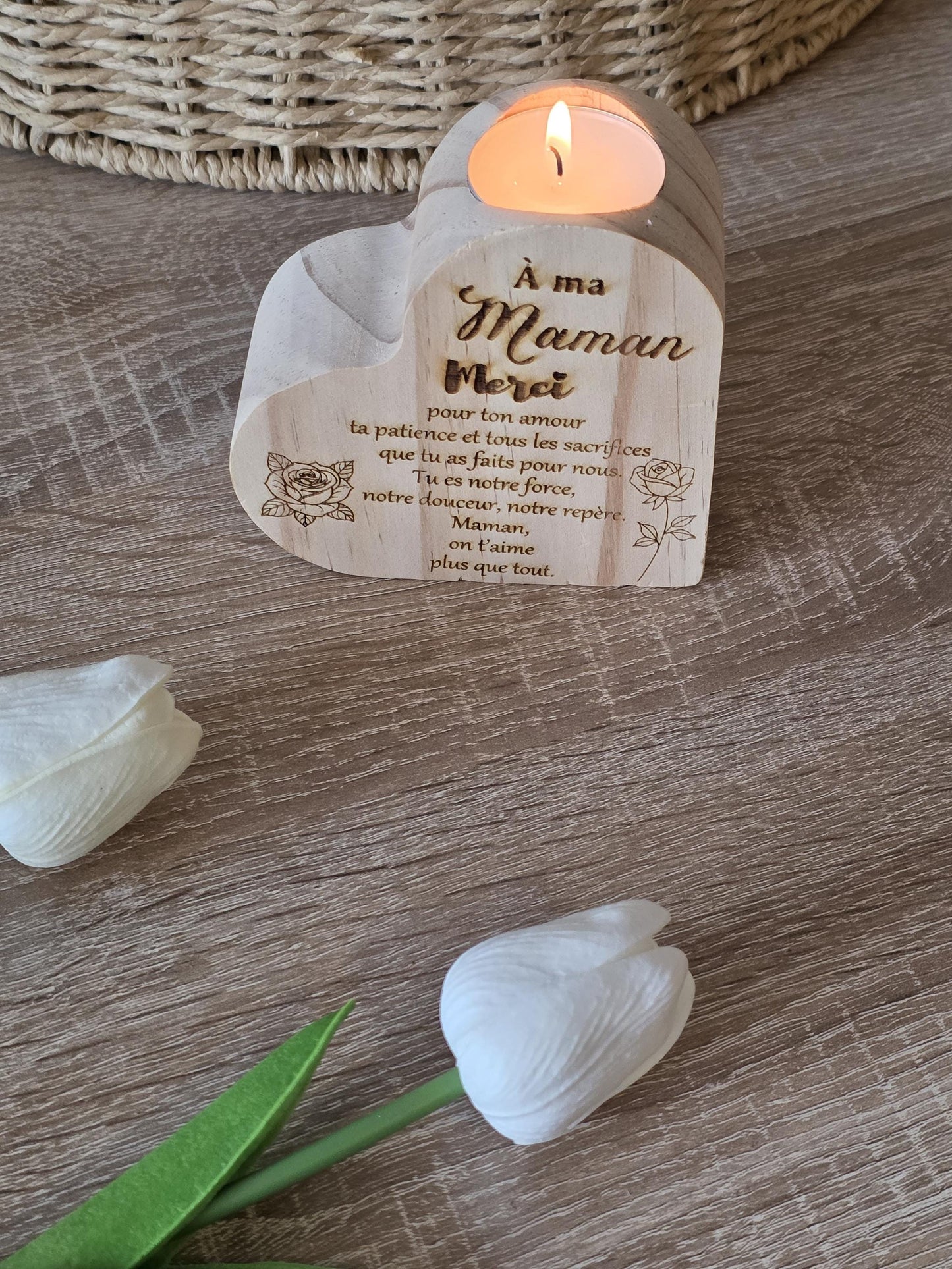 Bougeoir en  bois forme coeur personnalisable gravure laser - maman - mamie - nounou  - Noël - Mariage - Atsem - Maitresse -marraine